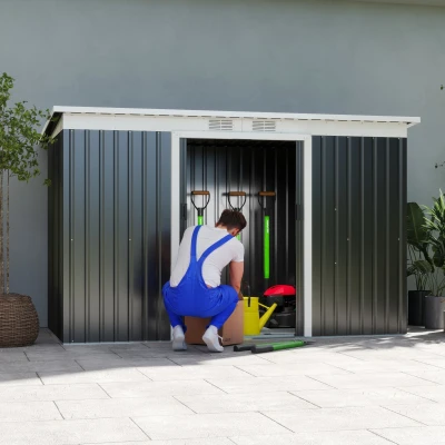 Outsunny 9ft x 4ft Corrugated Garden Metal Storage Shed Outdoor Equipment Tool Box with Foundation Ventilation & Doors Dark Grey