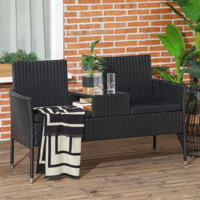 Outsunny Canapé Jardin 2 Places Rotin Noir avec Table Basse