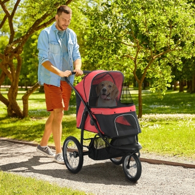 PawHut Poussette pour Chiens, pliable, protection solaire, fenêtre en filet, panier de rangement, Rouge, 111 x 58 x 107 cm