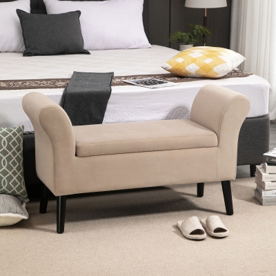 HOMCOM Banc Rembourré Velours Beige avec Rangement et Accoudoirs