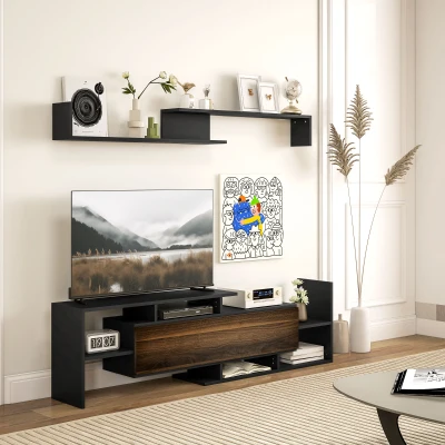 HOMCOM Meuble TV Bois Noir Marron avec Étagères et Armoire