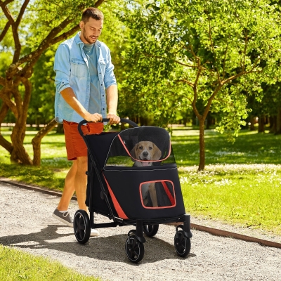 PawHut Poussette pour Chiens Pliable avec Ouvertures à Fermeture à Glissière et Fenêtres en Filet, 112x65x100 cm, Rouge et Noir