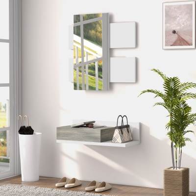 HOMCOM Meuble d'Entrée 2 en 1 avec Miroir et Tiroir Gris Blanc