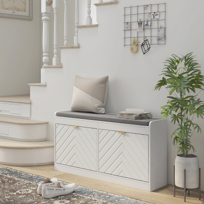 HOMCOM Banco de zapatos, banco de almacenamiento, asiento acolchado, cajón abatible, diseño con líneas 106 x 24 x 52,5 cm, blanco