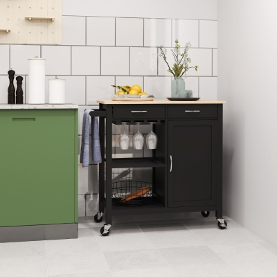 HOMCOM Chariot Cuisine Noir avec Tiroirs, Roues et Placard