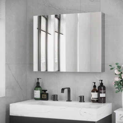 kleankin Armoire Salle de Bain 3 Portes Miroir Acier 70x12x55cm