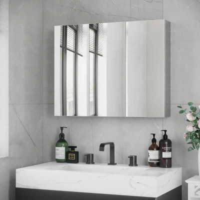 kleankin Armoire Salle de Bain 3 Portes Miroir Acier 70x12x55cm