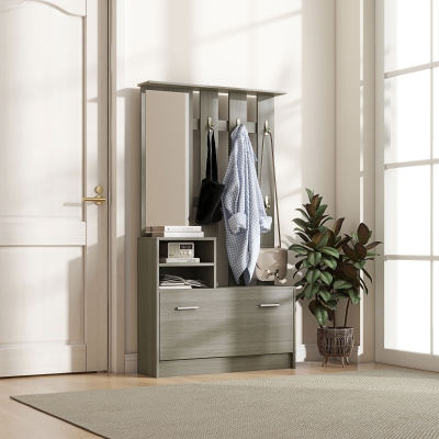 HOMCOM Set Entrée Porte-Manteau, Miroir, Banc, Meuble Chaussures