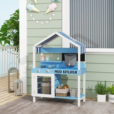 AIYAPLAY Cuisine Enfants Bois Massif Bleu avec Toit et Batterie