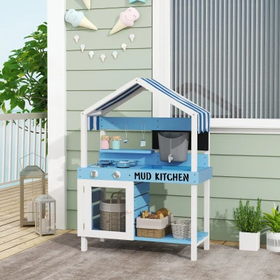 AIYAPLAY Cuisine Enfants Bois Massif Bleu avec Toit et Batterie