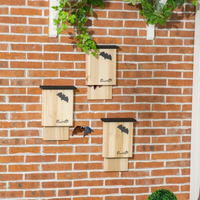 PawHut Ensemble de 3 maisons de chauve-souris, résistant aux intempéries, jusqu'à 3 chauves-souris par maison, bois de pin traité, naturel + noir