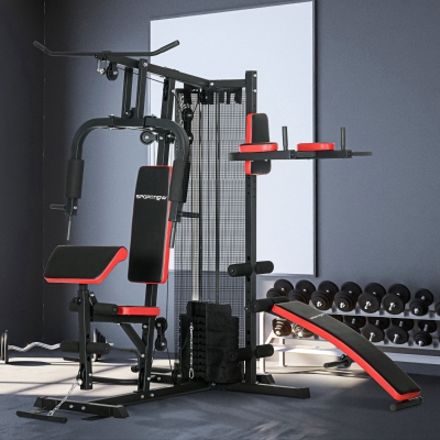 SPORTNOW Multiestación de Musculación con Placas de Peso de 45 kg Carga Max. 110 kg para Entrenamiento 225x175x200 cm Negro