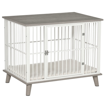 PawHut Cage pour chien moyens animaux avec coussin amovible lavable porte verrouillable avec loquet acier panneaux de particules blanc chêne gris