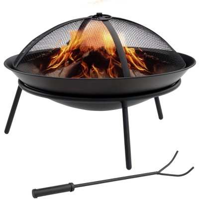 Outsunny Braseiro de Exterior de Metal com Tampa Protetora de Faíscas e Atiçador para Varanda Campismo Ar Livre Ø47x33 cm Preto