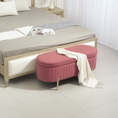 HOMCOM Banc Ovale Velours Rose avec Rangement Pieds Dorés