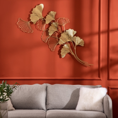 HOMCOM Décoration Murale Métal Doré Feuilles de Ginkgo 138x70cm
