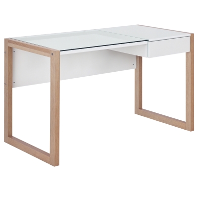 HOMCOM Bureau Verre Trempé Tiroir Blanc/Bois
