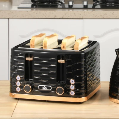 HOMCOM 4-Sleuven-Toaster, golfdesign, meerdere functies, kruimellade, Zwart