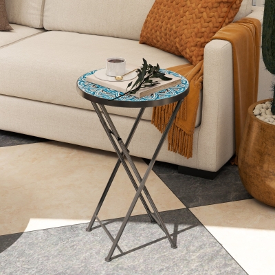 Outsunny Table Ronde Mosaïque Pliable Métal Céramique Bleu