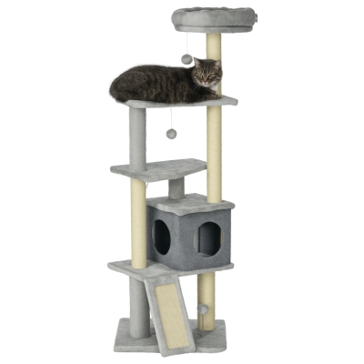 PawHut Arbre Chat 146cm Gris Multi-Équip Griffoirs Niche