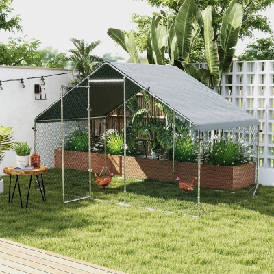 PawHut Gallinero para Exterior 3x2x2 m Jaula para Gallinas de Acero Galvanizado con Cubierta de PE y Cerradura Plata