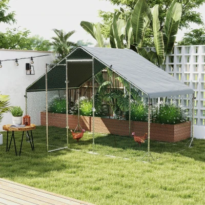 PawHut Gallinero para Exterior 3x2x2 m Jaula para Gallinas de Acero Galvanizado con Cubierta de PE y Cerradura Plata
