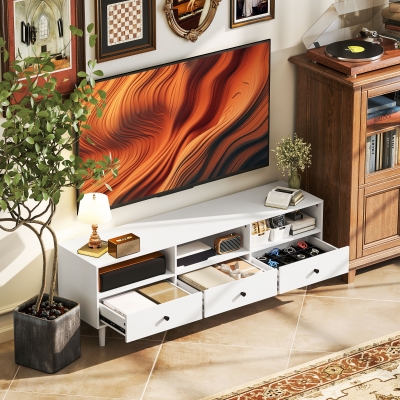 HOMCOM Meuble TV 75" 3 Compartiments 3 Tiroirs Blanc