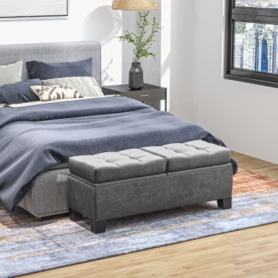HOMCOM Banc Coffre Rangement Tissu Capitonné 116x41x47cm Gris