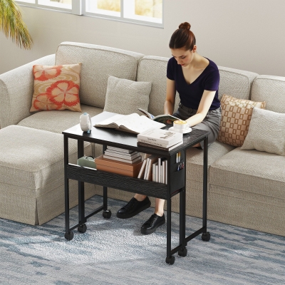 HOMCOM Bureau Pliable Noir avec Étagère et Roulettes