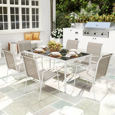 Outsunny Conjunto de Refeição 7 Peças com Mesa de Vidro Temperado e 6 Cadeiras Empilháveis com Apoio para os Braços Cinza