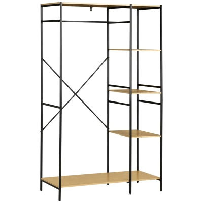 HOMCOM Suporte para Cabides Cabideiro de Madeira com 4 Prateleiras de Arrumação e Barra de Pendurar 100x46x170,5cm Madeira e Preto