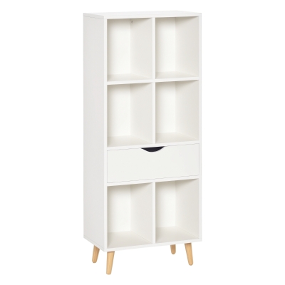 HOMCOM Estantería para Libros con 1 Cajón y Patas de Madera 6 Compartimentos Abiertos de Almacenaje 50x29,5x120 cm Blanco
