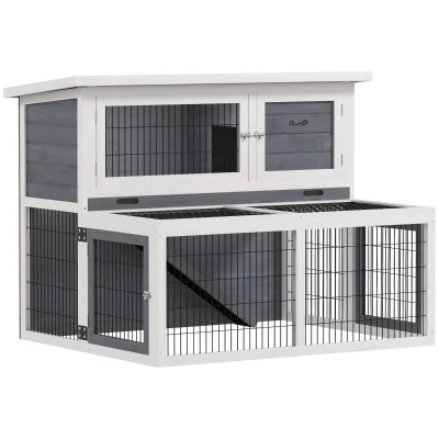 PawHut Cage à Lapin à 2 Niveaux avec Tiroir Amovible en Bois d’Épicéa et Acier, 122x95x93.5 cm, Multicolore