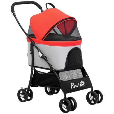 PawHut Carrinho para Animais de Estimação 3 em 1 Dobrável com Bolsa de Transporte Cesta de Armazenamento e Travão 82x49,5x98cm Vermelho