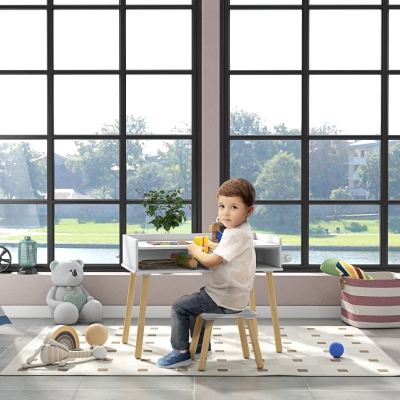 HOMCOM Table Enfants avec Tabouret et Plateau Réversible Blanc