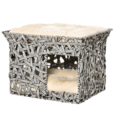 PawHut Cesta de Ratán para Gatos de 2 Pisos Cueva Cama de Gato Tipo Caseta con 2 Cojines Suaves Estructura de Metal 51x42x37 cm Gris y Beige