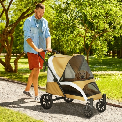 PawHut Poussette pour Chiens, Pliable Buggy pour Chiens Grandes Races, Chariot pour Animaux avec 4 Roues, Cordons de Sécurité, Freins, Marron