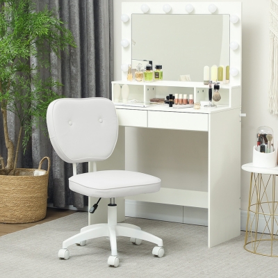 Vinsetto Cadeira de Escritório Estofada em PU com Altura Ajustável Sem Braços Cadeira de Estudo Dormitório 46x59x82-92 cm Branco