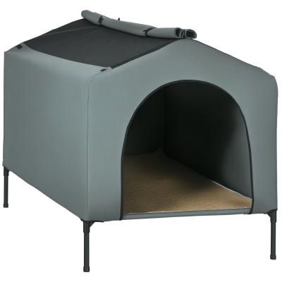 PawHut Casa para Cães com Cobertura Exterior Cama Elevada com Almofada e Janelas de Malha 130x85x95 cm Cinza