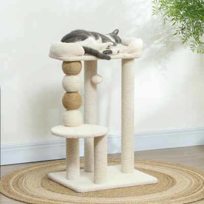 PawHut Arbre à Chat Bois Peluche Jute 48,5x40x76 cm Beige