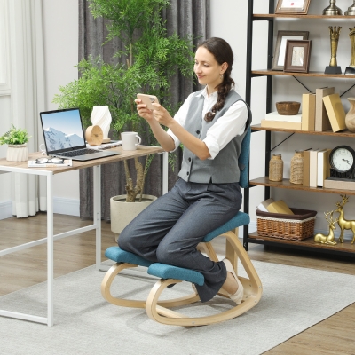HOMCOM Silla Inclinada de Rodillas con Balanceo en Tela Efecto Lino y Madera de Abedul, 51x84x93 cm, Marrón Oscuro