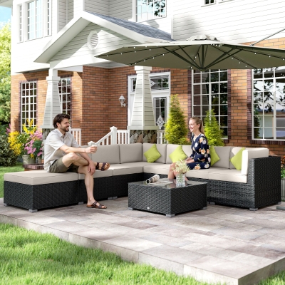 Outsunny 8 Pieces PE Rattan Corner Sofa Set Garden Aluminium Furniture Set with Glass Top Table Washable Cushion Cover Black