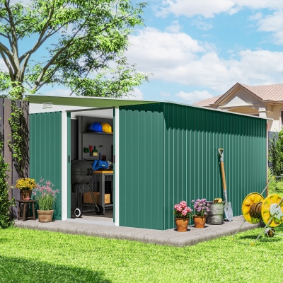 Outsunny Abrigo de Jardim 8,9 m² 280x345x201 cm Abrigo de Exterior de Aço para Armazenamento com Portas e 2 Janelas Verde