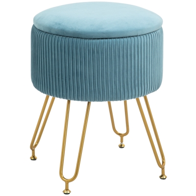 HOMCOM Puff Almacenaje Tapizado en Terciopelo Banco de Almacenaje con Patas de Acero Ø40x48 cm Azul Claro