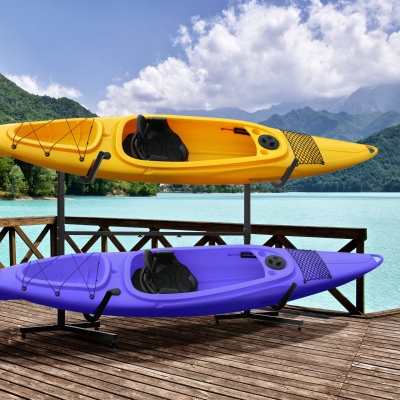SPORTNOW Support pour 2 kayaks, planches de surf, stand-up paddles, cadre en métal, ajustable en largeur de 144 à 180 cm