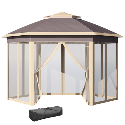 Outsunny Tenda Dobrável 4,05x3,4x2,85 m Tenda de Jardim Hexagonal com 6 Mosquiteiras Amovíveis e Altura Ajustável Bege