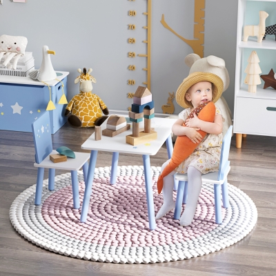 HOMCOM Ensemble Table et Chaises Enfants 2-4 Ans Bois Bleu Blanc