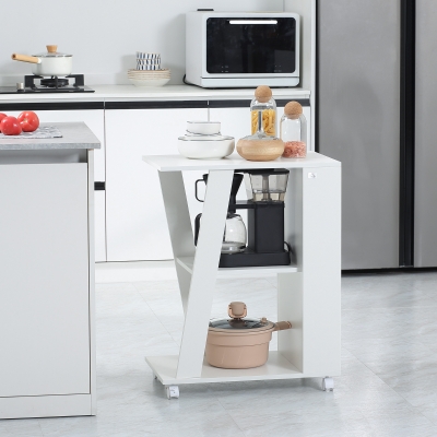 HOMCOM Chariot Cuisine Bois Blanc avec Roues et 2 Étagères