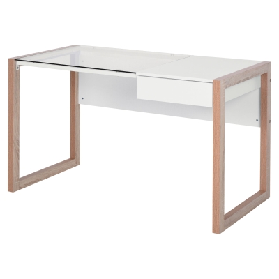 HOMCOM Mesa de Ordenador Mesa de Escritorio Diseño Moderno con Tablero de Vidrio Templado Cajón Combinación de Estilos para Oficina Estudio 120x60x75 cm Blanco