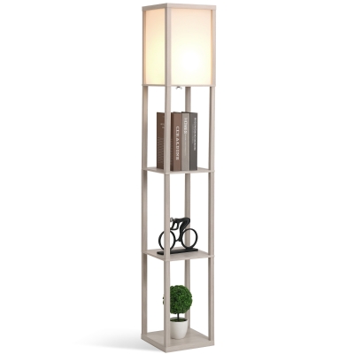 HOMCOM Lámpara de Pie con Estantes de Almacenaje, Lámpara de Madera Moderna, Bombilla E27, para Salón, Dormitorio, Oficina, Roble